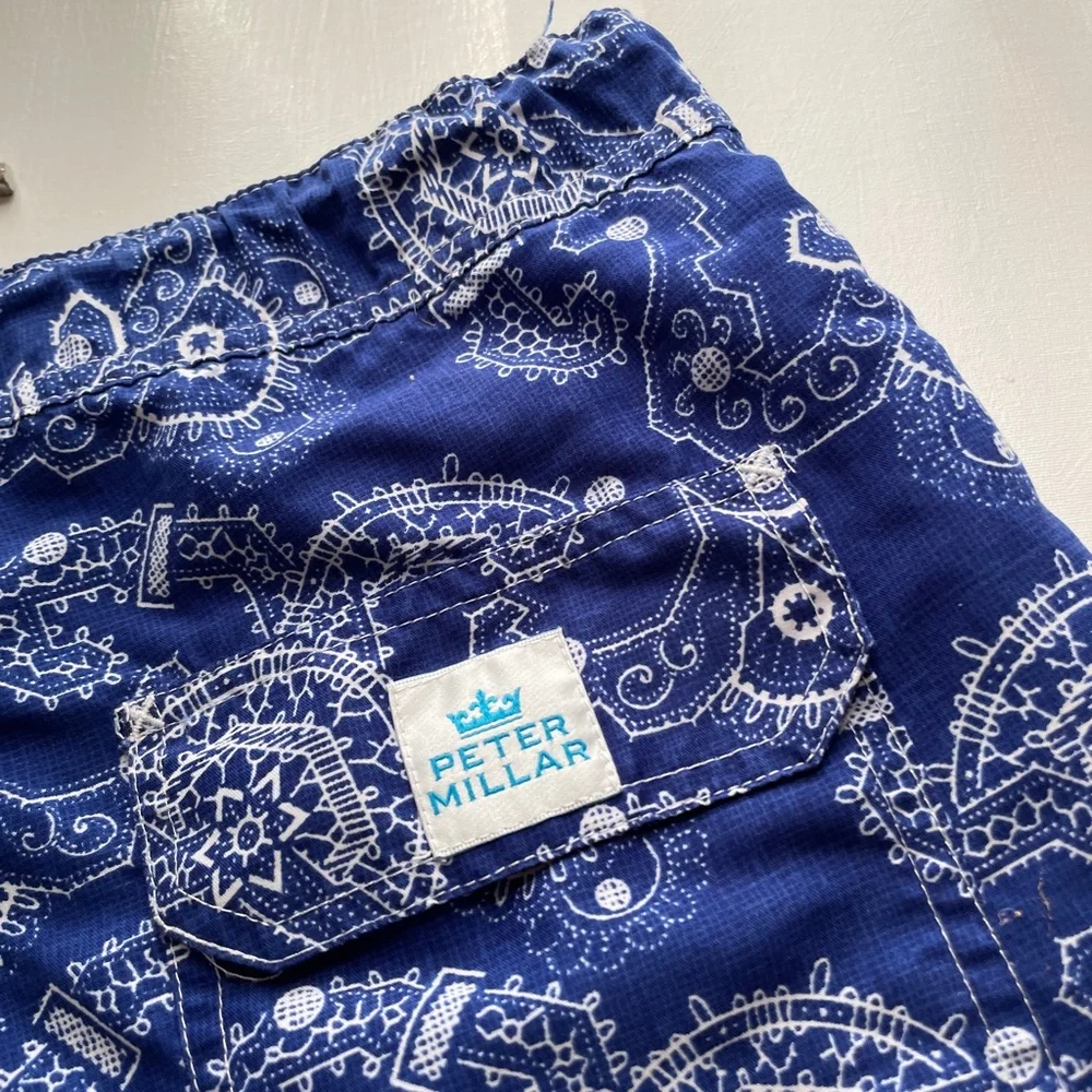 Peter Millar Mens Large Swim Trunks Blue Bandana Paisley Print Lined Board Short